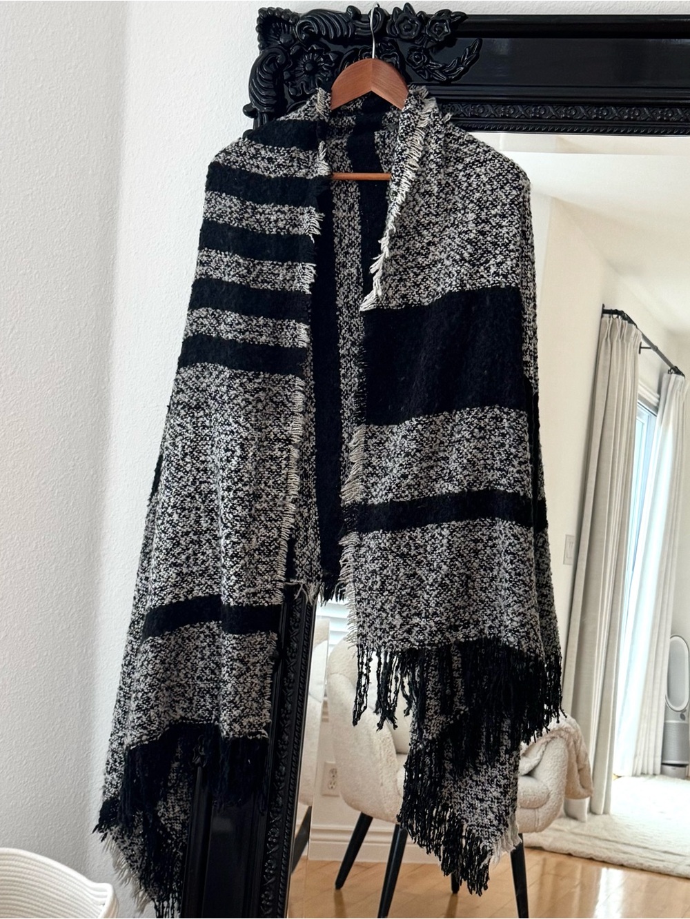 Ardene | Women's Black & Grey Striped Fringe Blanket Scarf
